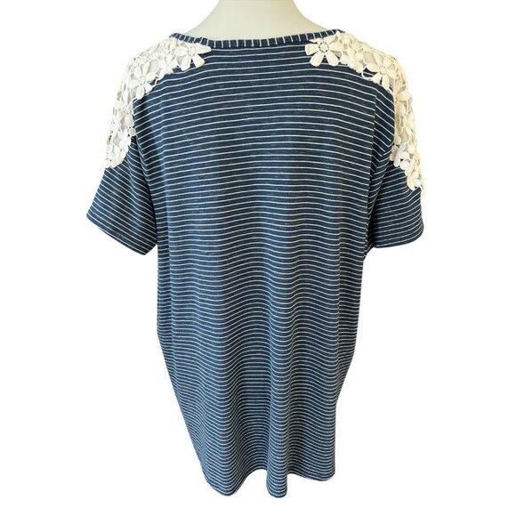 CJ Banks Navy & White Stripe Short Sleeve Top With Crochet Shoulders/Arms-2X - Picture 2 of 2